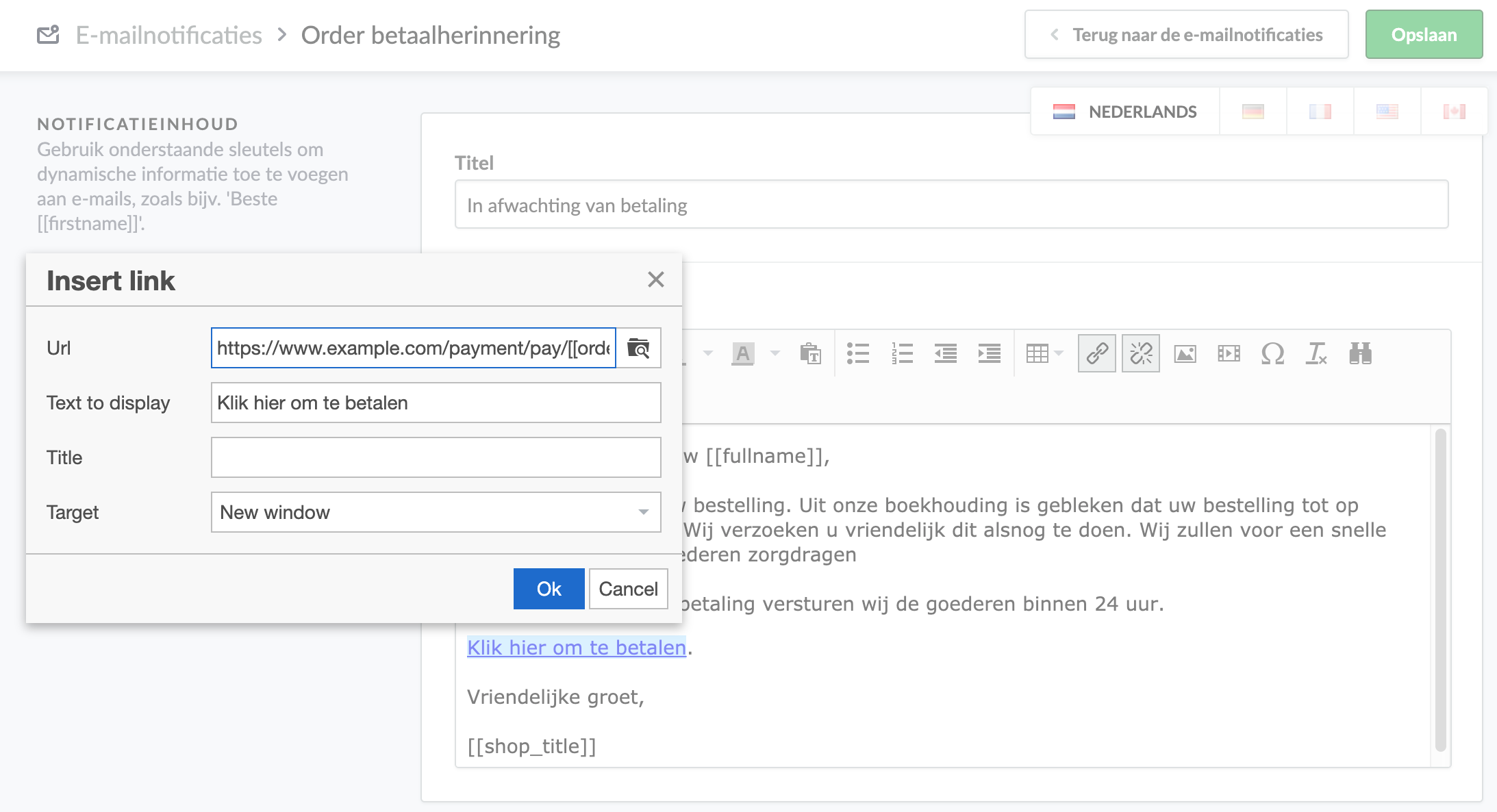 Geeft de弹出链接toevoegen我们op het蔽护所van de notificaties voor de betaling van bestelling te vinden Instellingen, Notificatie-e-mails