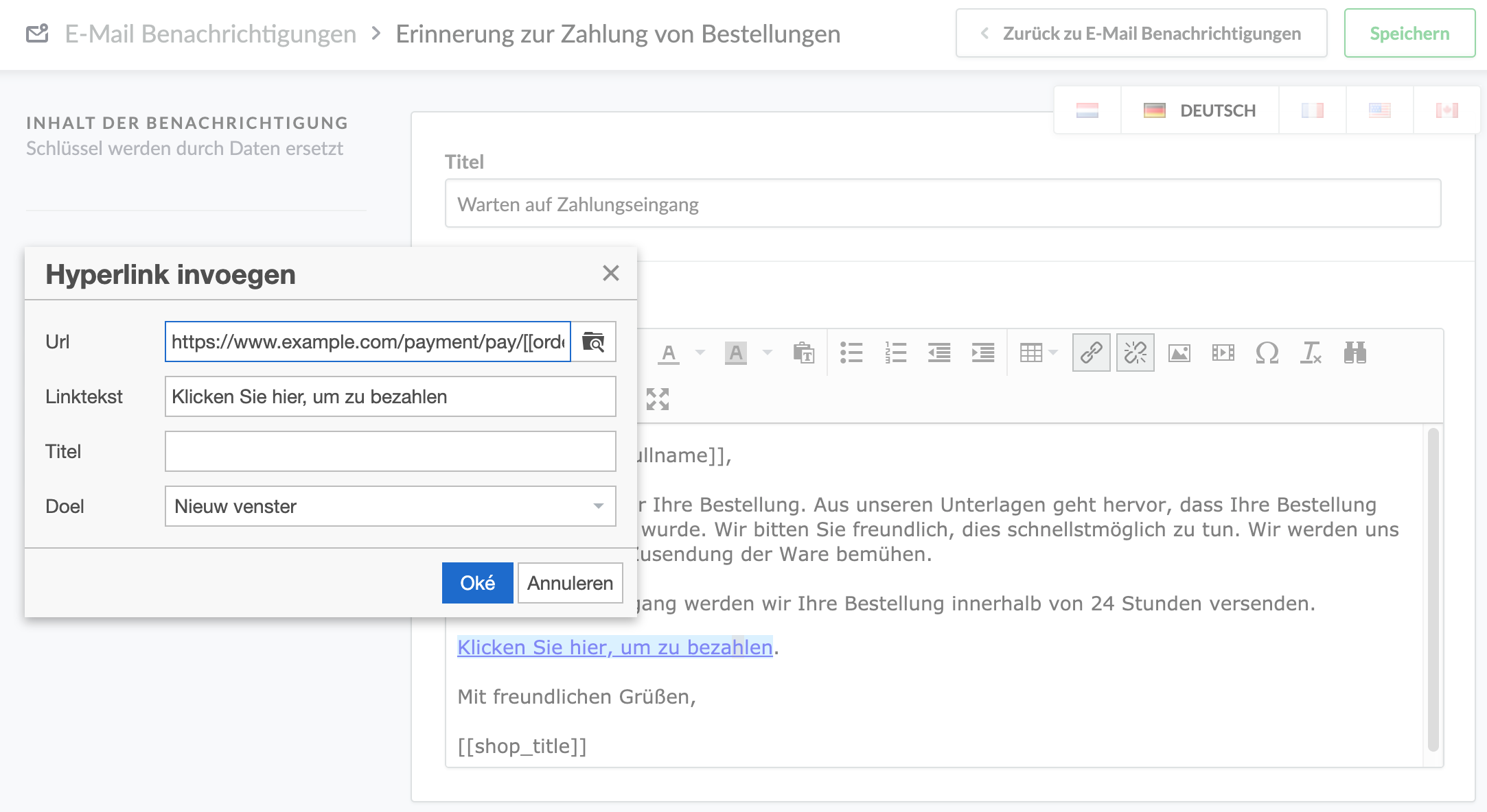 Zeigt das弹出„链接einfugen”im Bildschirm„Zahlungsbenachrichtigung代”unt„设置”,„Benachrichtigungs-E-Mails”