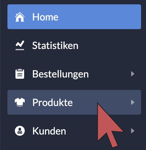 Zeigt杯Pfeil, der uber„Produkte“im Hauptmenu schwebt。