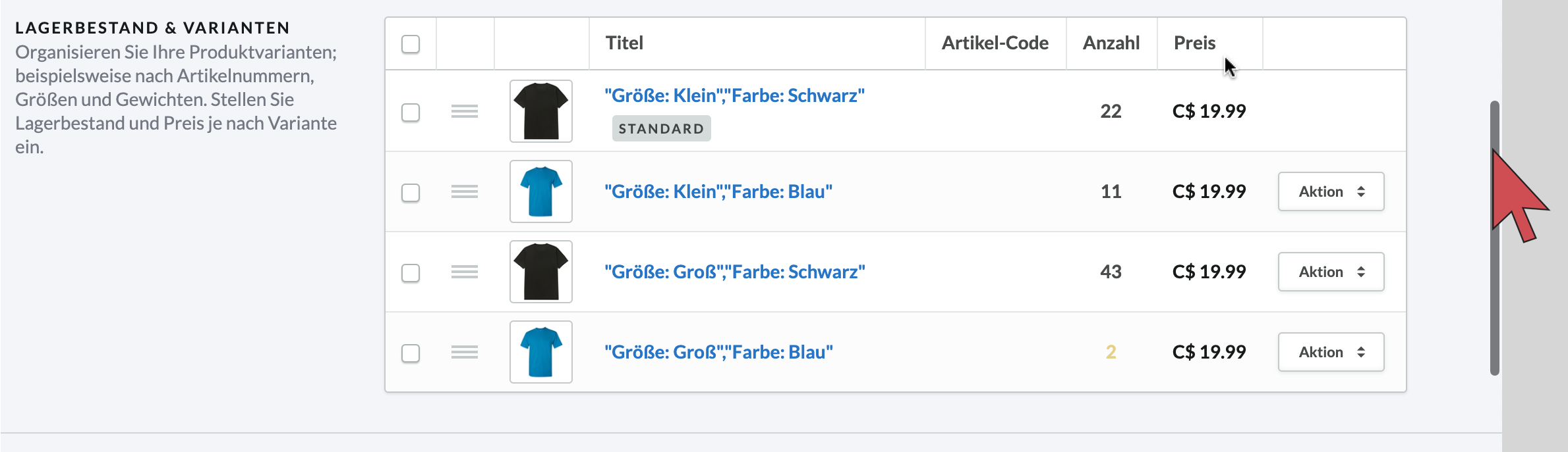 Zeigt杯Pfeil zum Scrollen der Seite去unten zum Abschnitt Lagerbestand Varianten。