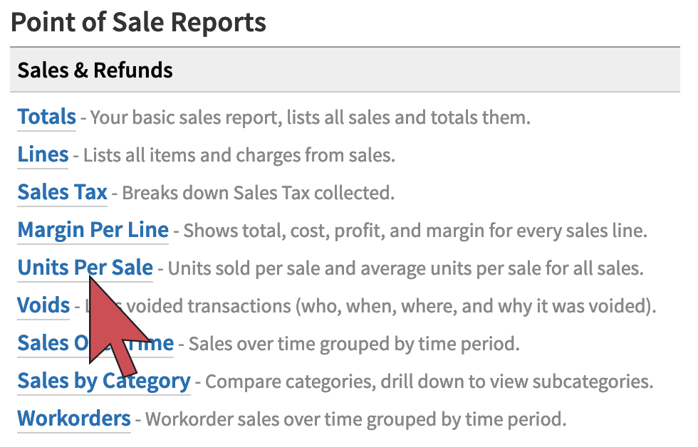 显示一个箭头悬停在每销售单位的报告链接。